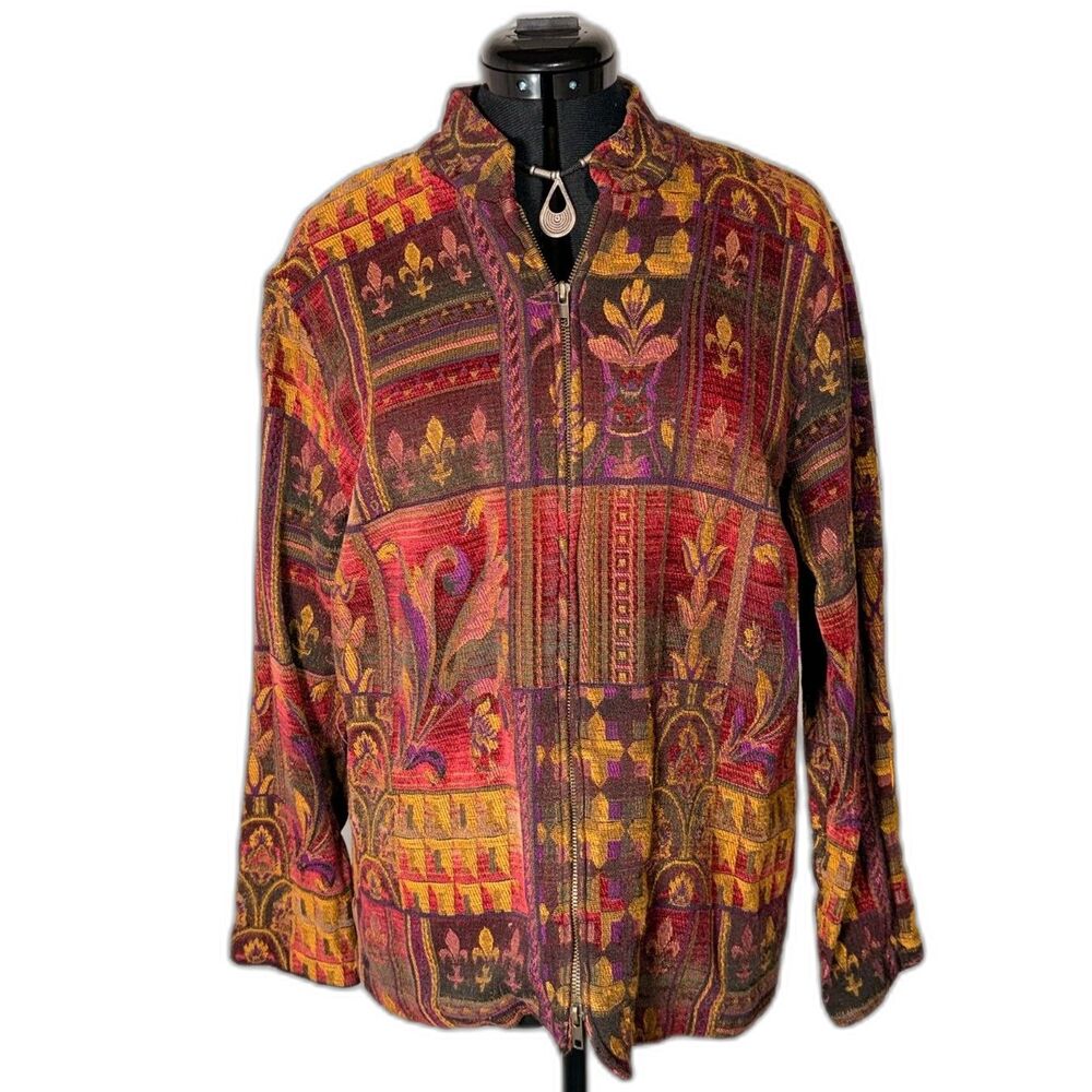 Coldwater Creek Tapestry Jacquard Zip Jacket Fleur de Lis Print